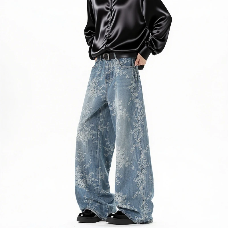 Niche Design Men's Spring Autumn Jeans Jacquard Contrast Color Vintage Casual Menswear Straight Leg All-match Male Denim Pants