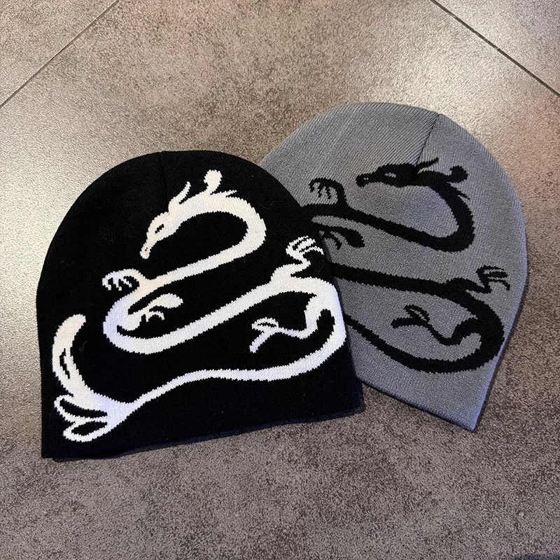 Chinese Dragon Jacquard Knit Hats Women Men Skullcap Spring Autumn Outdoor Warm Beanies Hiphop Skiing Cold Hat Fashion Decorate