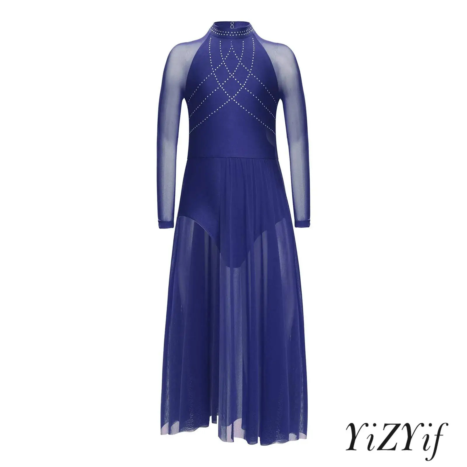 

Kids Girls Lyrical Modern Dance Dress Sparkling Rhinestone Mesh Leotard with Keyhole Back And Flowy Skirt for Ballet Performance