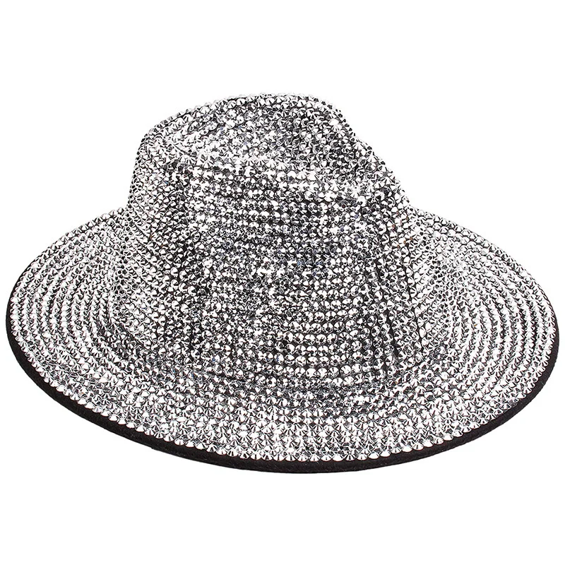 Chapeau de Cowboy unisexe entièrement en diamant Panama pour hommes et femmes, chapeaux de Jazz à large bord, Design en strass, fête sur scène, Performance sur scène, Fedora