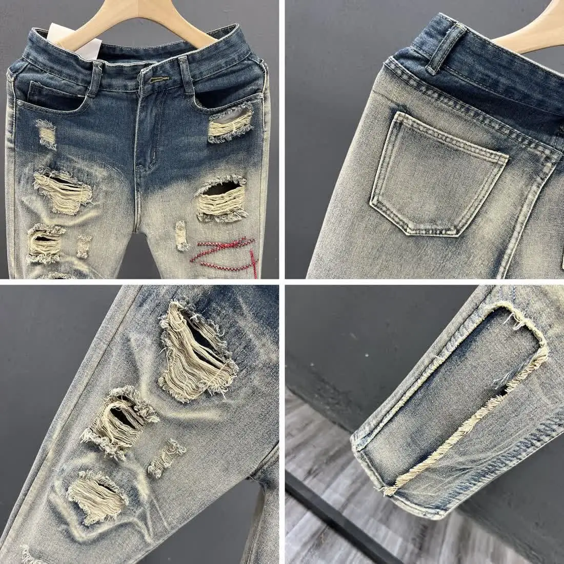 2025 جديد شارع العليا مصمم ريترو غسلها دمرت المطرزة جينز ضيق للرجال عادية ربيع الخريف الملابس الكورية الفاخرة