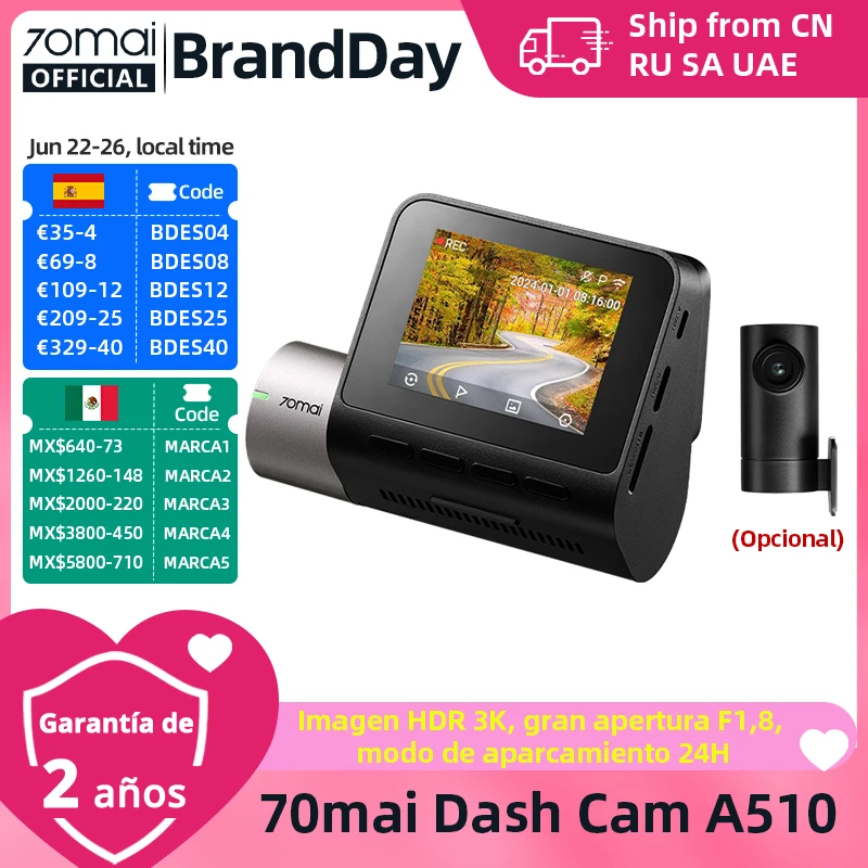Versión Global 70mai Dash Cam A510 1944P Imagen 3K HDR GPS ADAS 140FOV 24H Estacionamiento DVR para Auto 4G 70mai A510 Compatible con Cámara Trasera