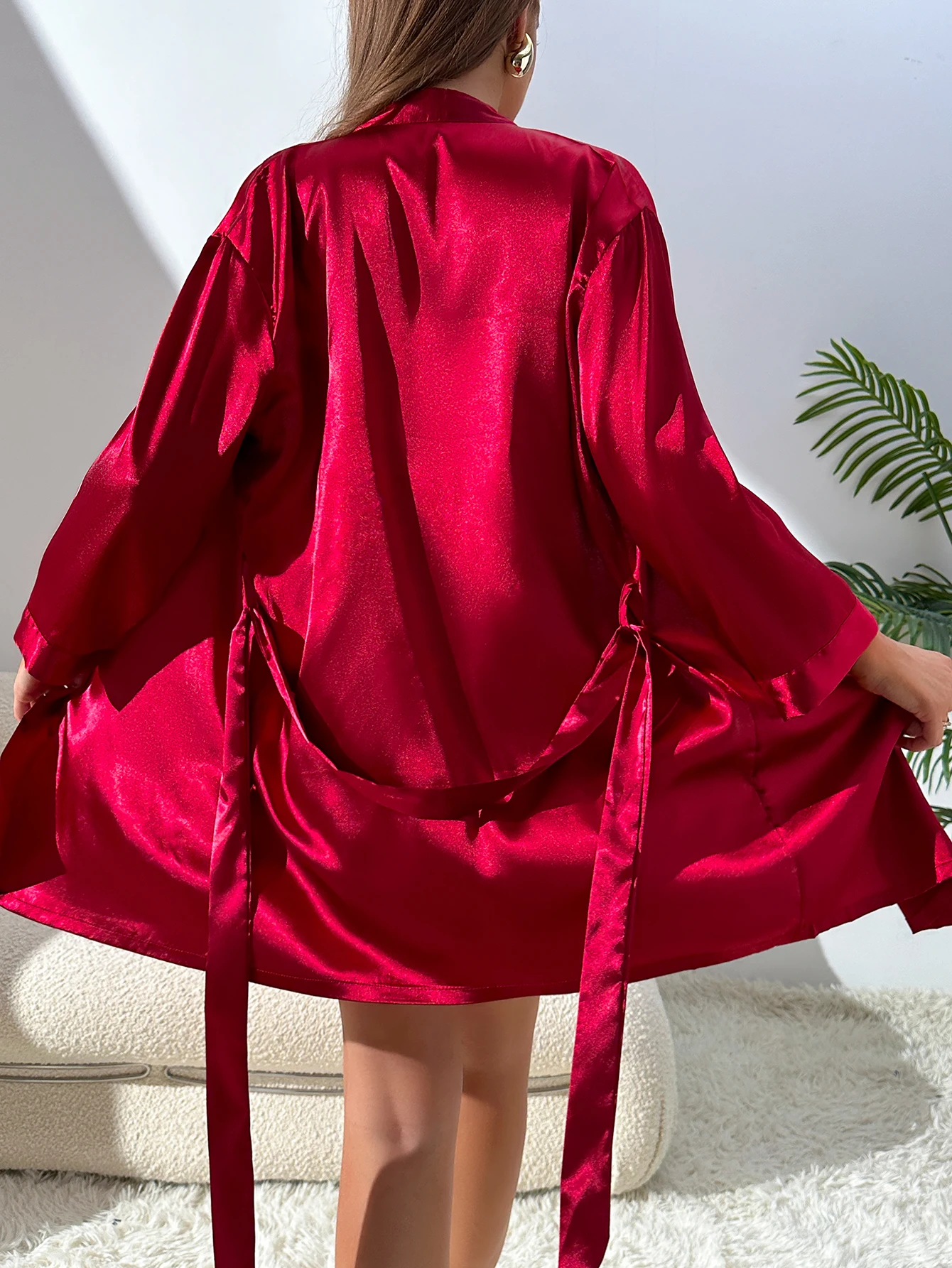 Elegant Women's Robe with Slip Dress 2Pcs Sleepwear Butterfly Lace Back Thin Strap V Neck Belted Nightwear Ladies Pajamas
