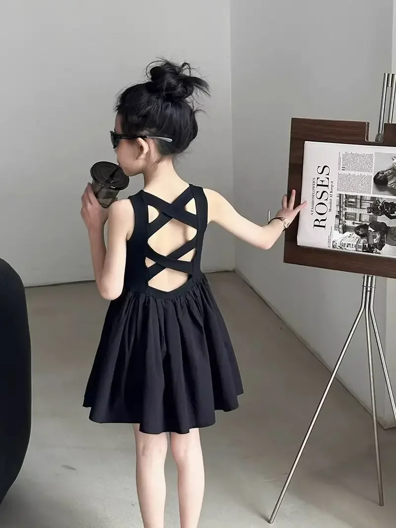 

Teenage Girls' Dress Kids Summer Clothing 2026 New Collection Children's Bareback Black Handsome Dress 90-160cm