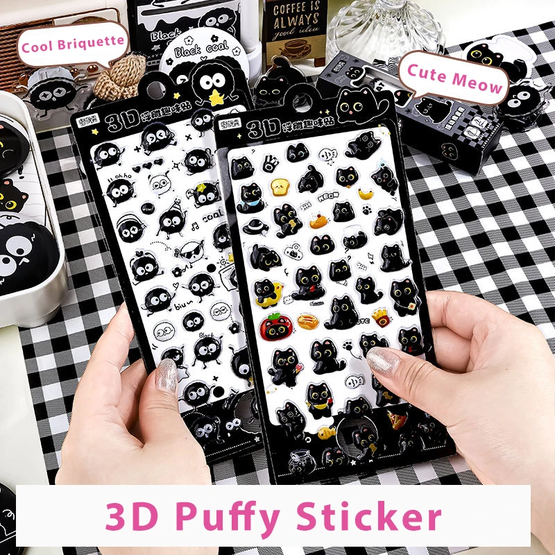 3D Relief Puffy Stickers: Cute Black Cat DIY Decorative Decals, Precision Die-Cut, Self-Adhesive Peel & Stick for Versatile Play