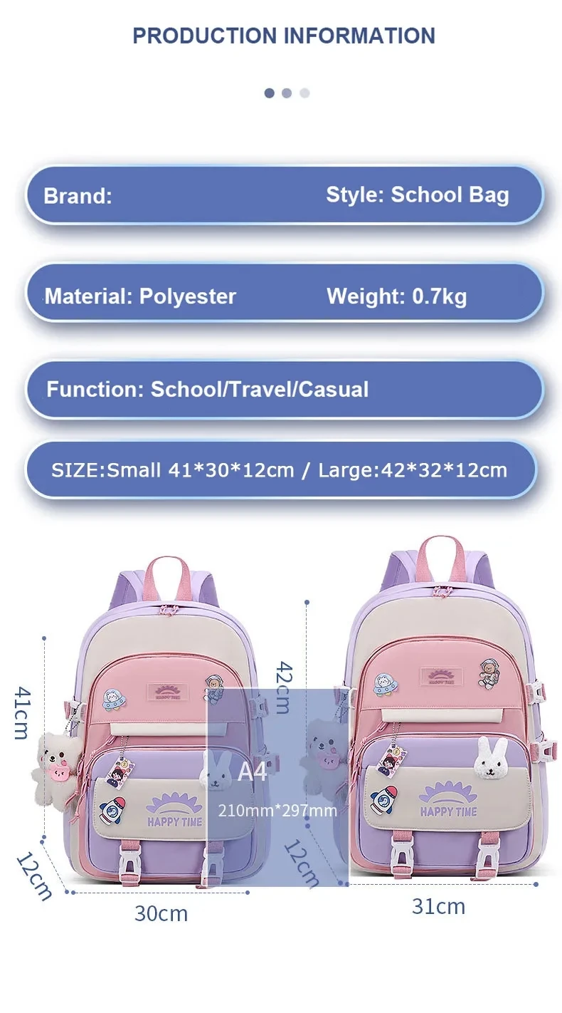 Large Capacity Cute Women Multi-Pocket Nylon Backpack Ins Junior High School Student School Bag Female Girl Backpack Laptop Book