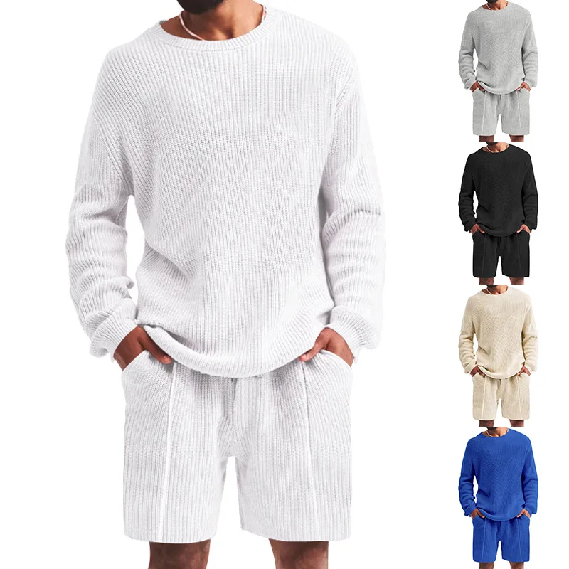 European and American waffle long sleeve T-shirt summer men's casual sports suit long sleeve shorts two-piece set for men