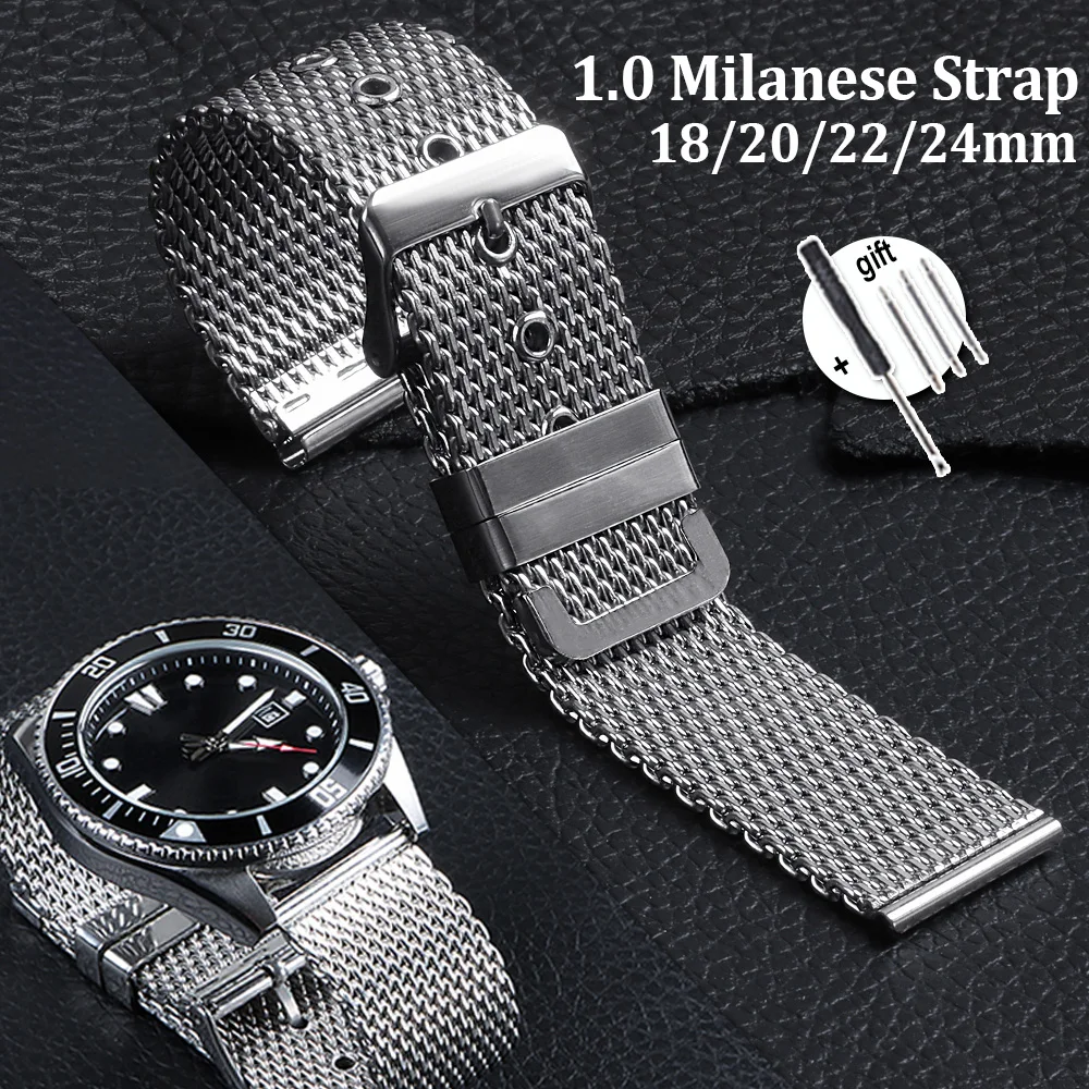 

1.0 Milanese Mesh Stainless Steel Watch Band 18mm 20mm 22mm 24mm Man Metal Watch Strap for Omega for Seiko Bracelet for Xiaomi