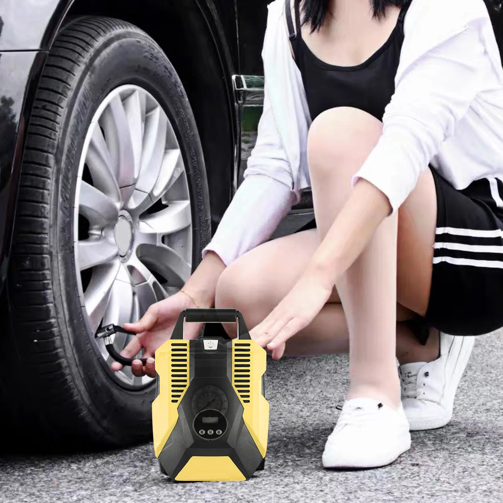 

Портативный автомобильный компрессор для накачки шин на 22 цилиндра с автоматическим отключением, предустановленным манометром и кабелем питания 21 м, электрический