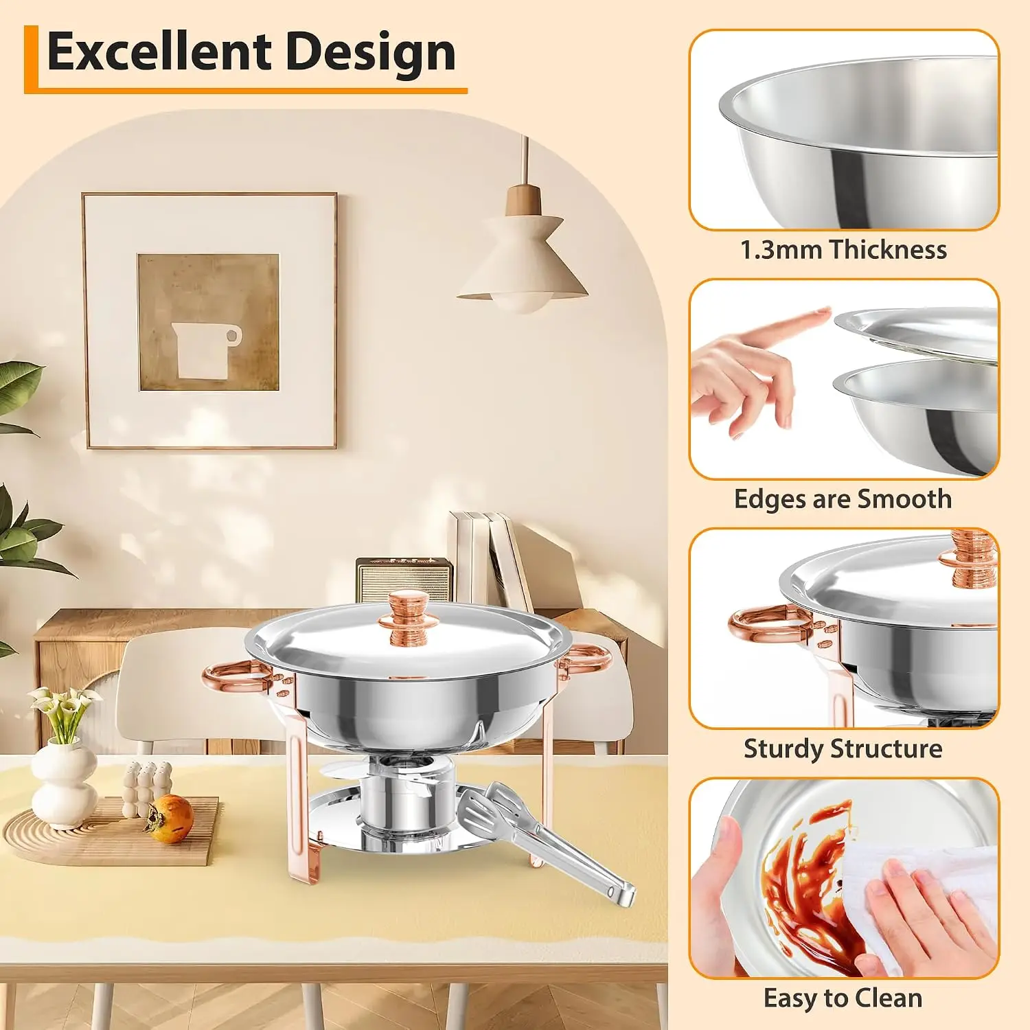 Tacleekii 2 4 Pack 5QT Stainless Steel Round Chafing Dish Buffet Set, Lid Holder, Spoon & Tweezers, Portable Food Warmer Server for Catering & Events, Rose Gold