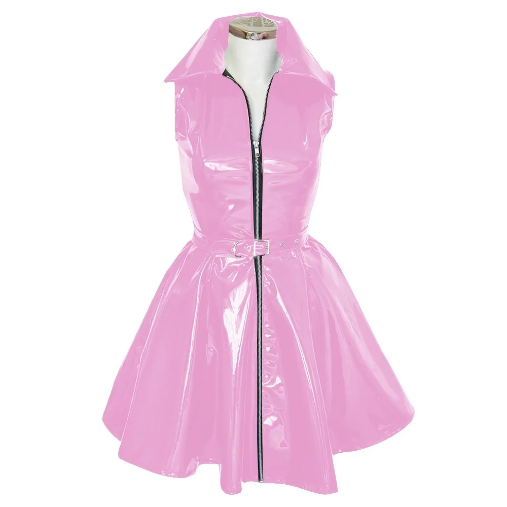 

Goth Club Zipper A-Line Tank Dress with Belt Womens Turn-down Collar Sleeveless PVC Vinyl Leather Mini Dress Sissy Streetwear