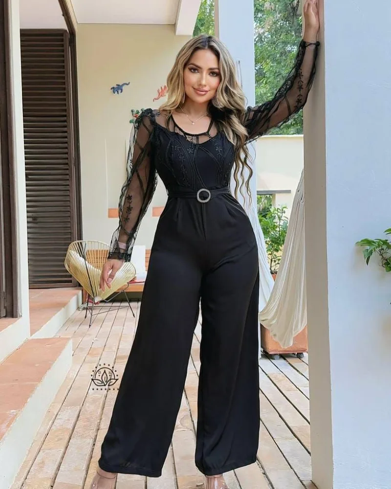 

KEXU, новинка осени 2025, женские сетчатые комбинезоны с вышивкой и широкими штанинами, сексуальный прозрачный комбинезон с длинными рукавами и поясом