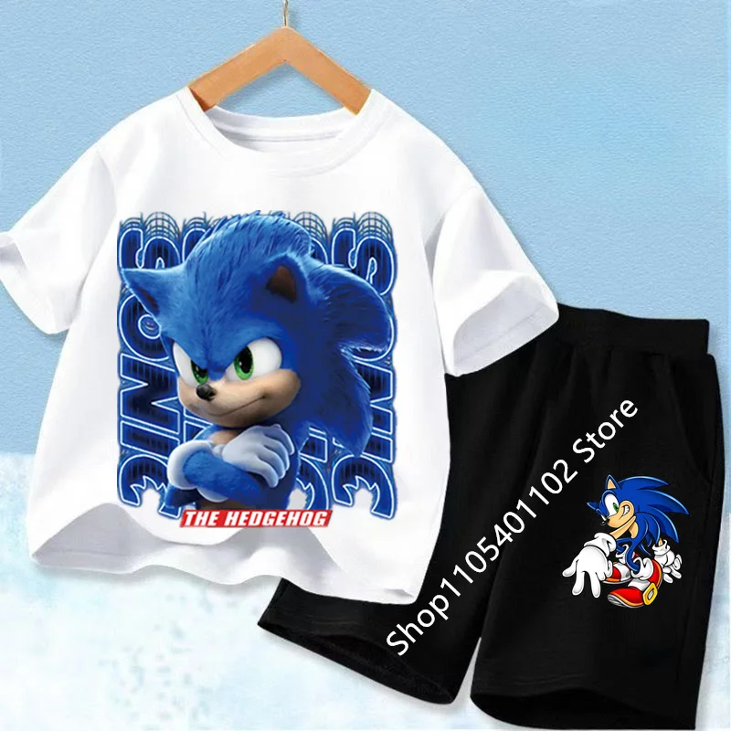Fashion Anime Children's T-shirt Set Sonics The Hedgehog Top Short Sleeve + Shorts Two-piece Set Girls Boys Cosplay Costume