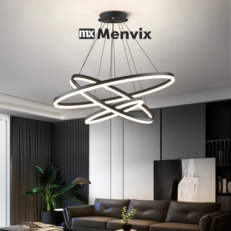 Modern Pendant Lamp Led Rings Circle Ceiling Hanging Chandelier Black Loft Living Dining Room Kitchen Indoor Lighting Fixture