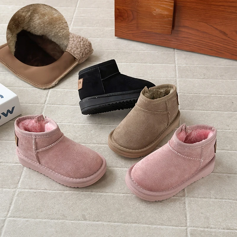 

Children Snow Boots with Thick Fur Kids Ankle Boots Soild Color Retro 2025 Winter New Boys Girls Warm Boot Versatile Soft Bottom