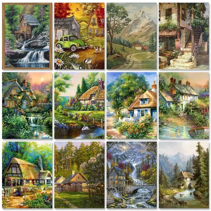 

GATYZTORY Oil Painting by Numbers Crafts Forest House Picture Paint with Frame Kits Acrylic Paint Handpainted Artwork