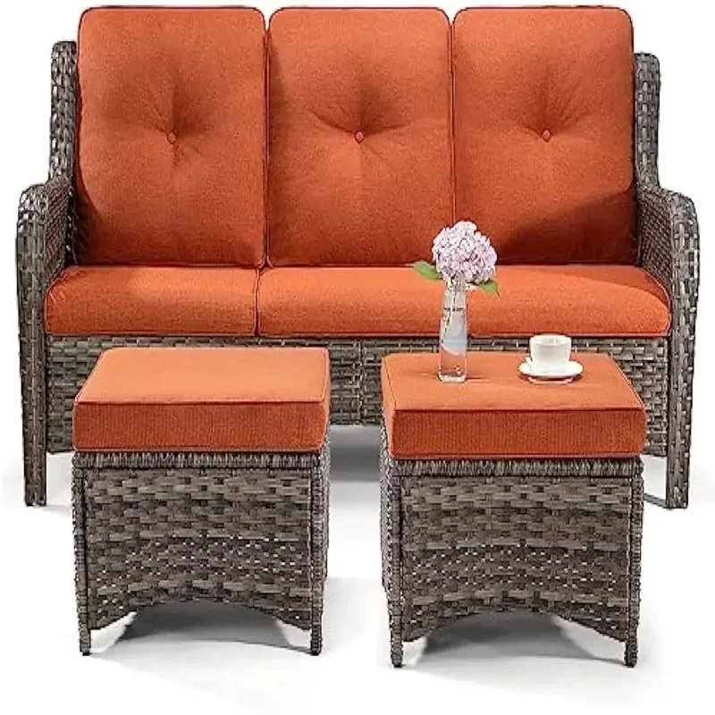 3-Piece Outdoor Wicker Furniture Set with 3-Seat Sofa and 2 Ottomans, Rattan Sectional Patio Sofa with Cushions
