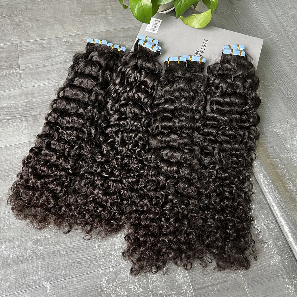 PU Tape In Hair Extensions Deep Curly Human Hair 4x0.8 cm Seamless Weft Hand Tied Adhesives Tape-Ins 100grams Wavy Virgin Hair