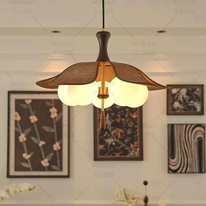 منتصف الطراز القديم الزجاج قلادة أضواء حماية العين الجوز اللون الرجعية غرفة المعيشة وابي سابي غرفة نوم LED الثريات المعلقة #2