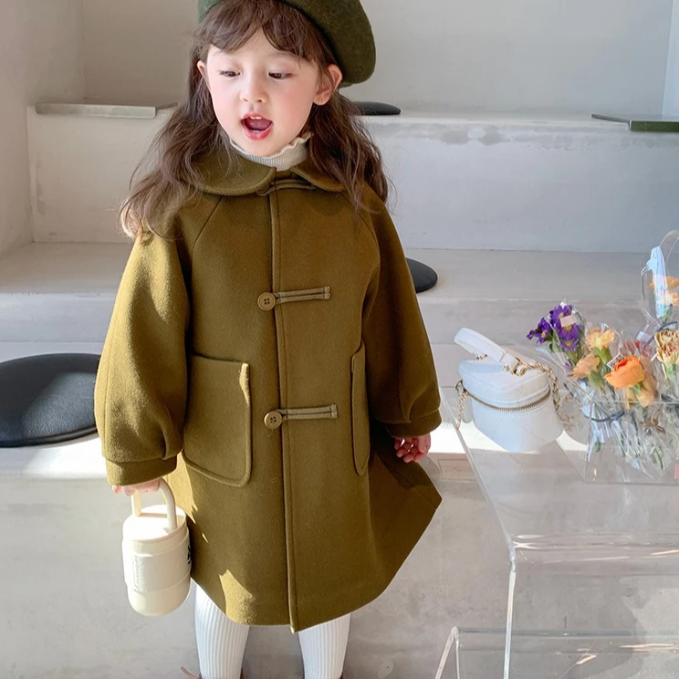 Abrigo para niñas 2025 Otoño e Invierno nueva ropa para niños niñas cuello de bebé Clip de un solo pecho abrigo de lana pesada de algodón