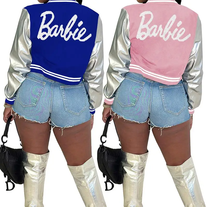 Fashion Barbie Girls Baseball Jacket Kawaii Y2K Autumn Winter Casual Embroidered Stitching Slim Short Streetwear Uniform Coat