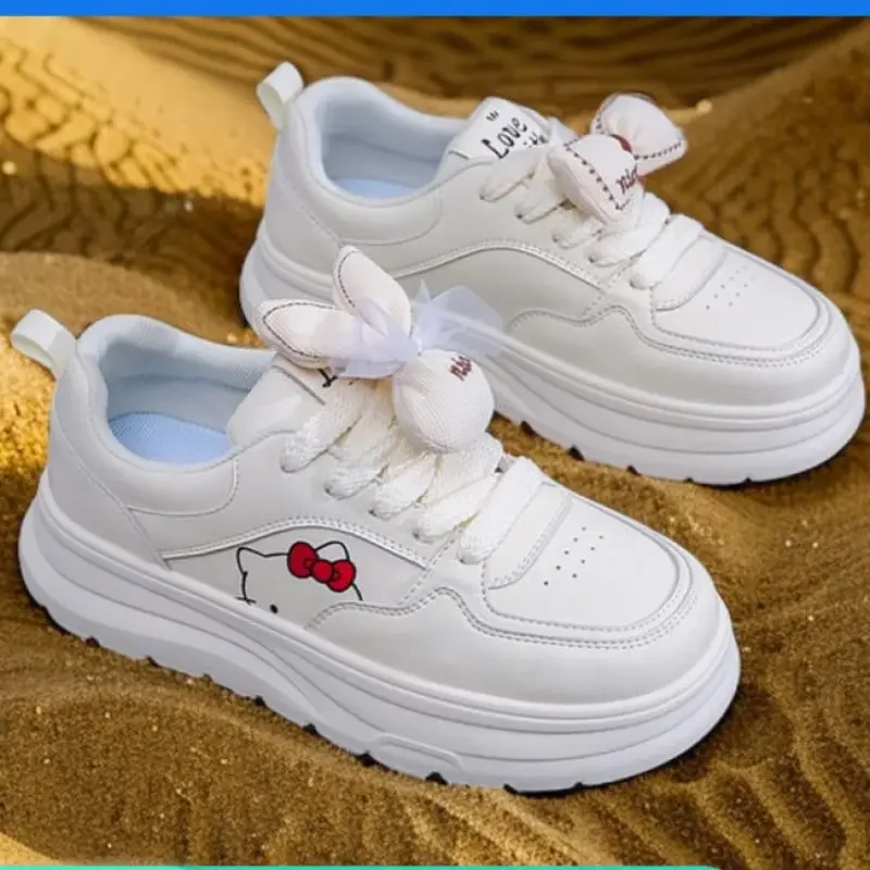 Hello Kitty Girl White Shoes Lace Up Light Versatile Leisure Flat Outdoor Shoes Cartoon Antislip Simple Student Shoe Sneakers