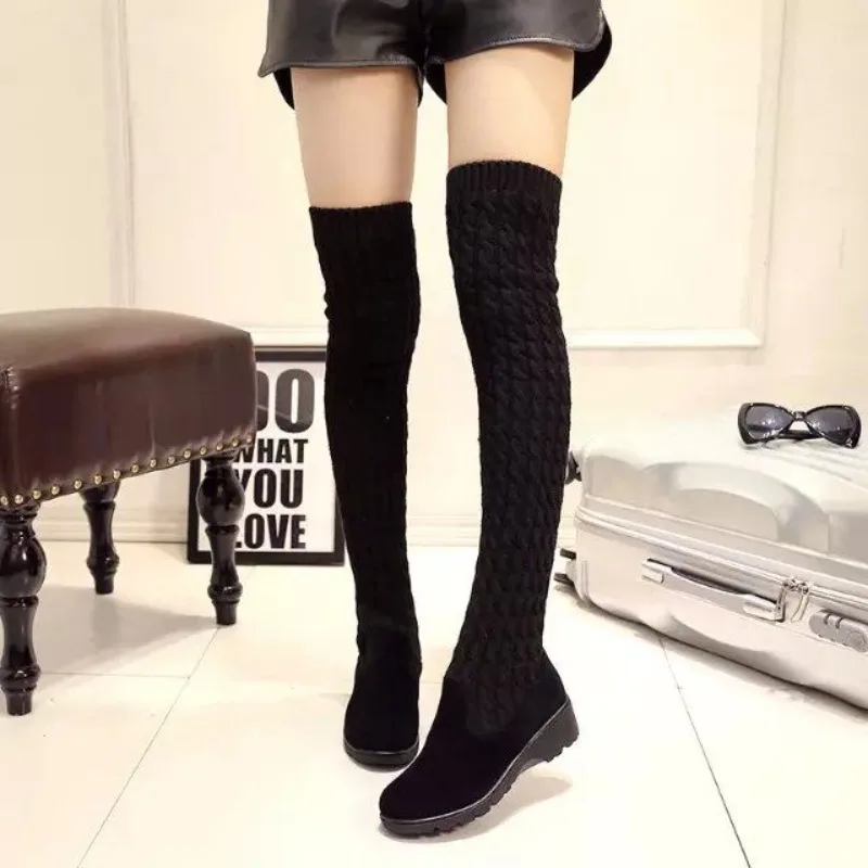 Footwear Brown Shoes for Woman Above Over The Knee Women's Boots Wedge Heel Sock Thigh High Quality New in Large Size Warm Boot