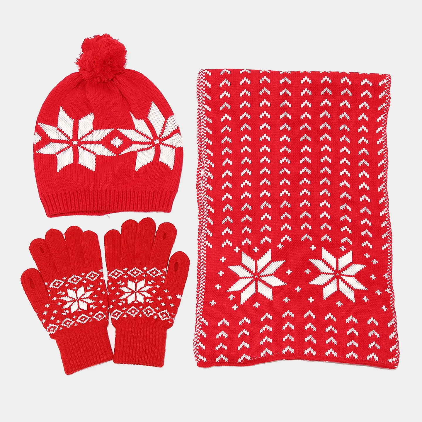Christmas Knitted Hat Scarf Gloves Set Warm Anti-Cold Unisex Snowflake Pattern Fashionable Casual Style Winter Outfit