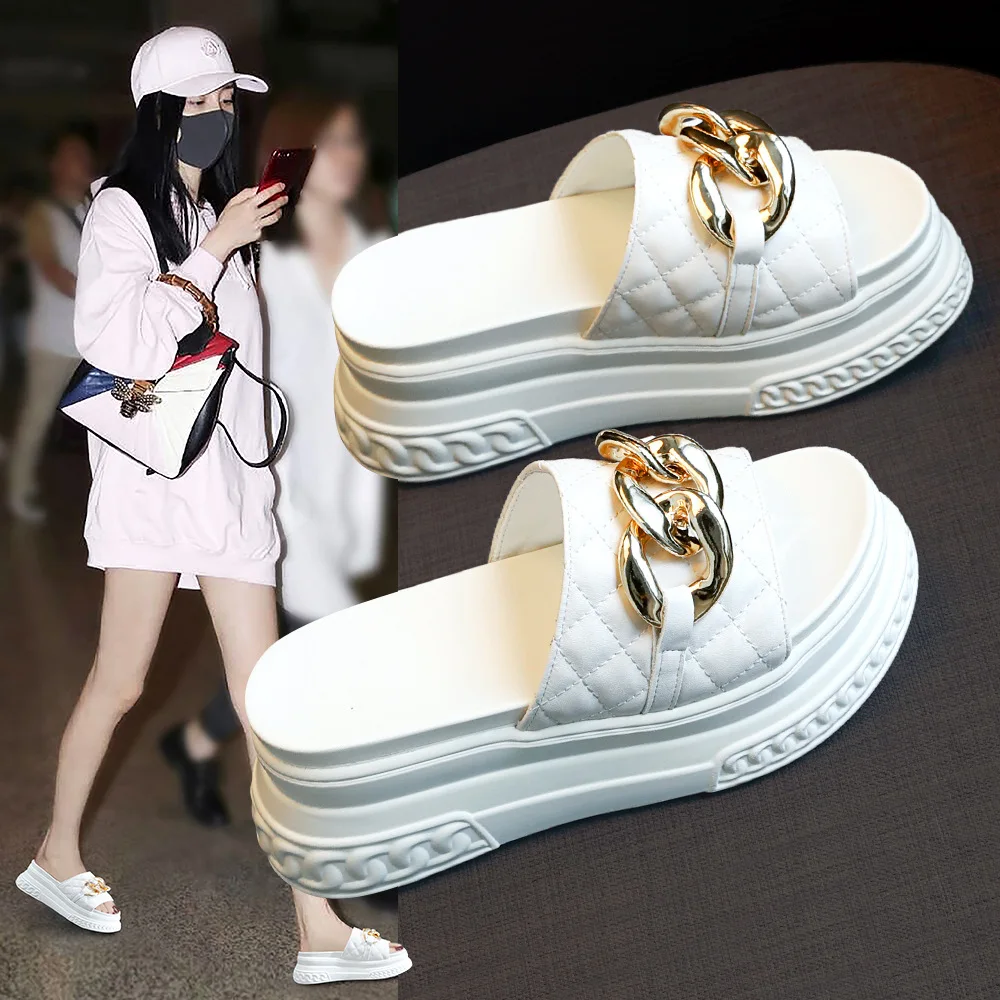 Chain High Heels Slippers Women Wedding Shoes Summer 2022 White Black Platform Wedges Slides Ladies Beach Slippers