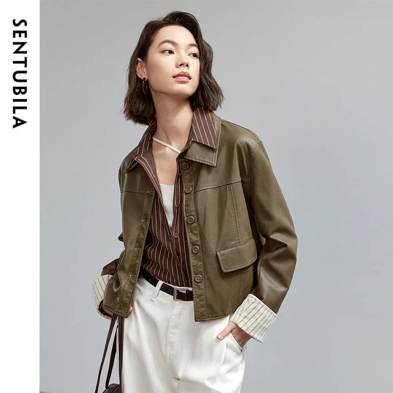 

SENTUBILA Retro PU Faux Leather Jackets for Women 2024 Autumn Patchwork Cuffs Button Down Moto Biker Cropped Jakect W43G57372X