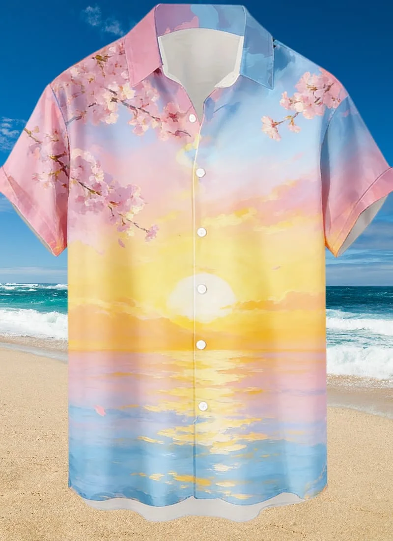 Men's Exotic Scenic Landscape Print Short Sleeve Shirt, Comfortable Breathable Button Down for Summer Party and Getaway
