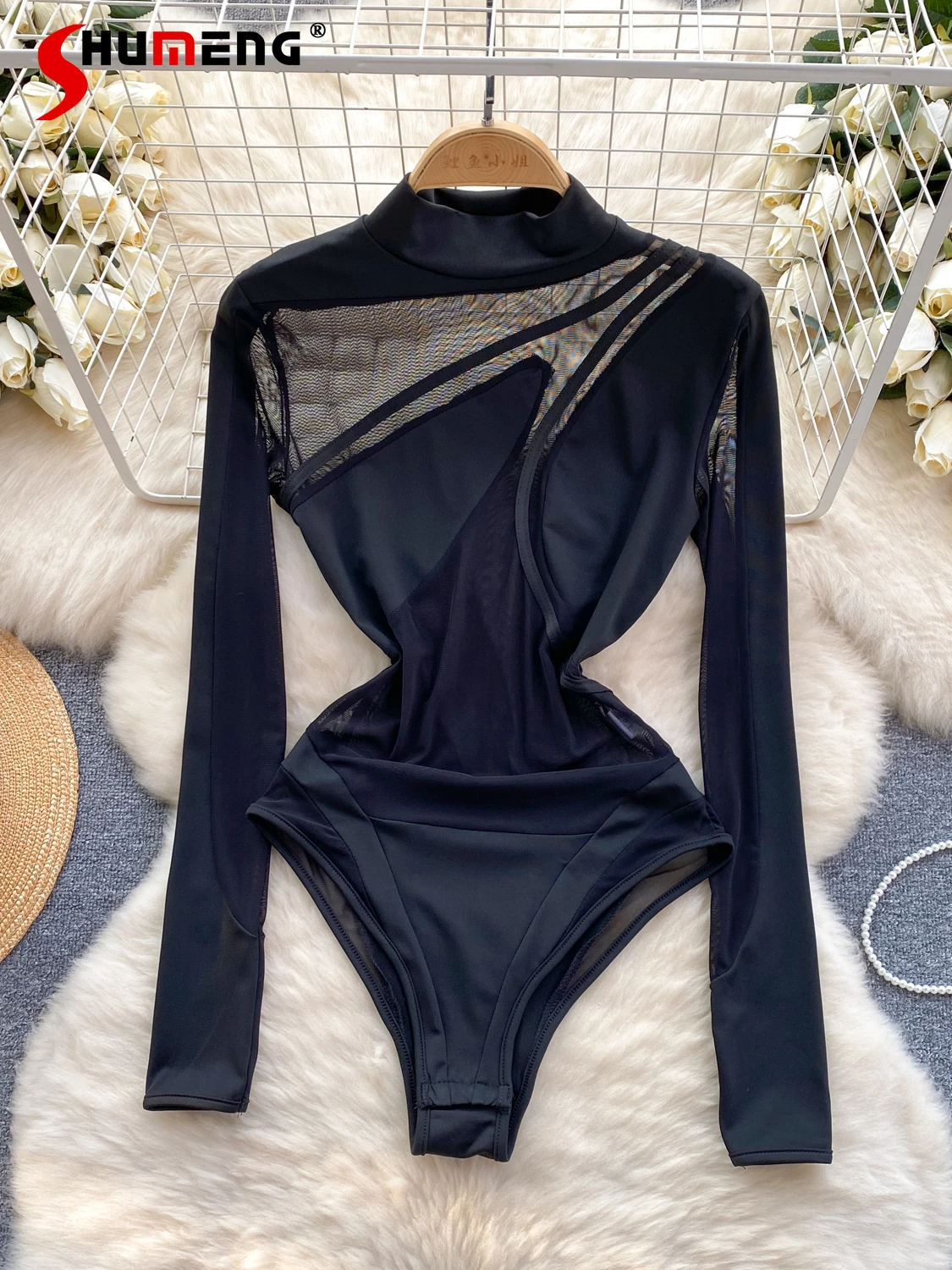 Fashion New Jumpsuit Women's Irregular Mesh Slim Fit Stitching Long-Sleeve Bottomming Shirt Trendy Jumpsuit Women's Clothes