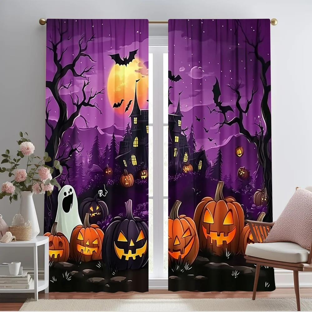 2pcs 2D flat printing Halloween Drapes haunted houses Fabric Without Electricity Festive Holiday Perfect for Festive Wall Decor