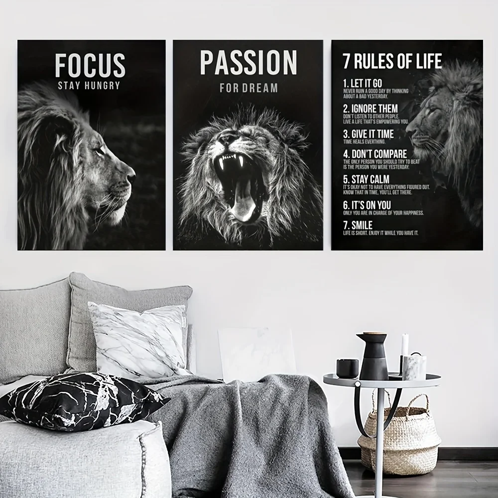 3pcs Black And White Lion Inspirational Poster, 7 Life Rules Of Inspirational Quotes, Wall Art, Bedroom, Boy's Room, Family Offi