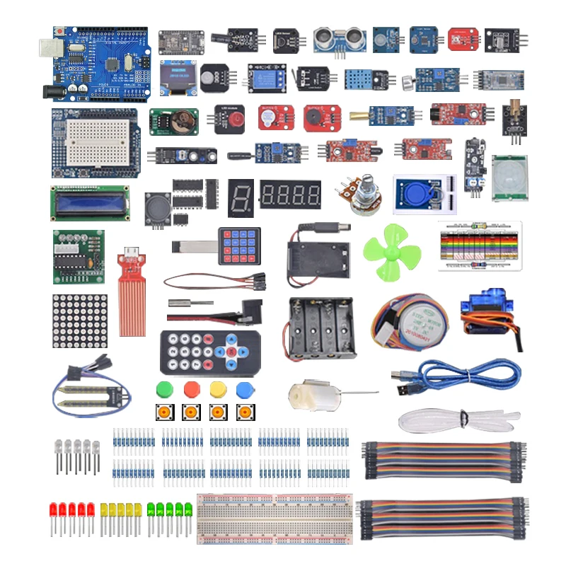 wi-fiモジュール、130モーター、hc-sr501、1602、リレー、水センサー、hc-sr04、arduino-diyキット用rgbモジュールを含むスーパースターターキット