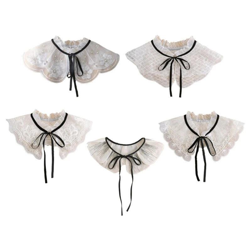 

Embroidery Organza Ruffled Faux Collar Women Shawl Wrap Pearls Beading Detachable Lace-Up Bows Mini Capelet Accessories Dropship