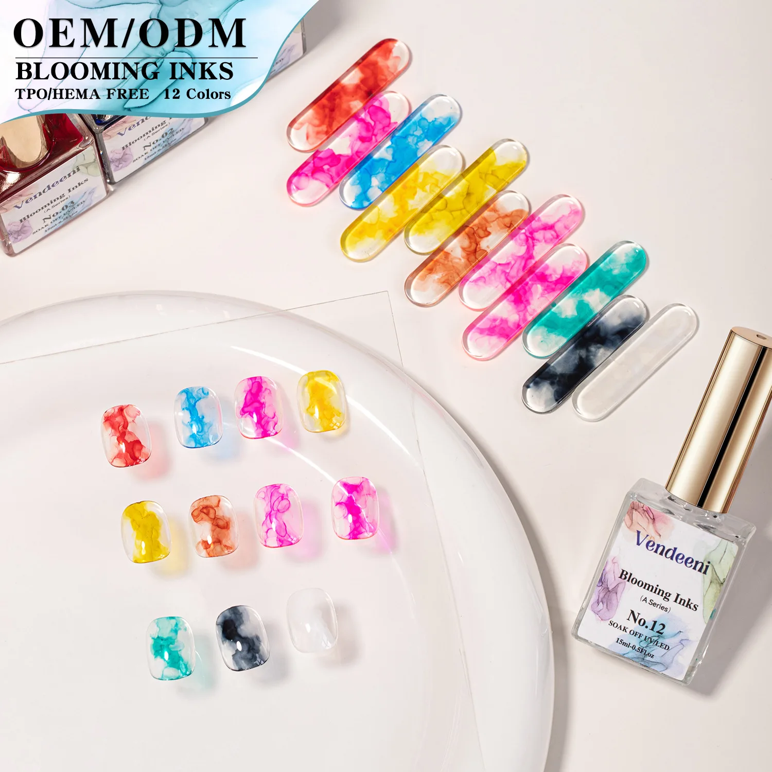 Vendeeni 12Colors Water Blooming Marble Inks Gel Nail Polish TPO HEMA FREE OEM/ODM Custom Label Alcohol Ink Gel Nail Art Salon
