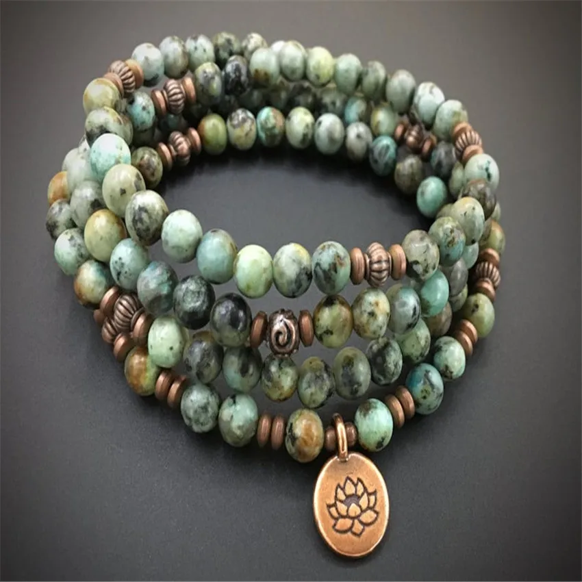 

6mm African Turquoise Bracelet 108 Beads Lotus Pendant Link Unisex Trendy Stones Bohemian Cuff Prayer