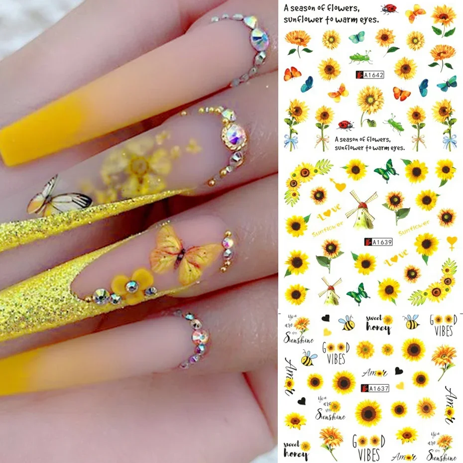 12Pcs Nail Stickers Zonnebloemen Kersenbloesems Vlinder Daisy Water Transfer Decal Blad Nail Design Manicure Decor SAA1633-1644