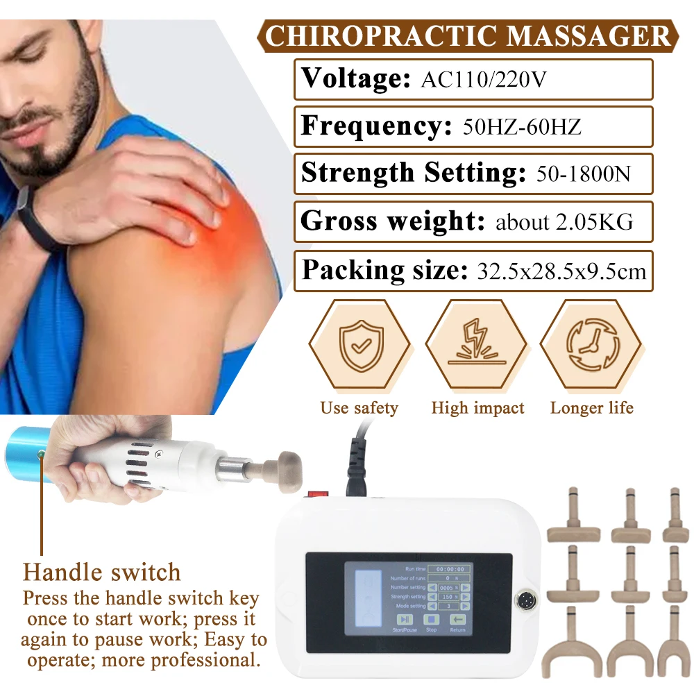 Pistola de correção elétrica 1800n, ferramentas de ajuste de quiropraxia espinhal, impulso da coluna cervical, 10 cabeças, tela sensível ao toque, massageador mais novo