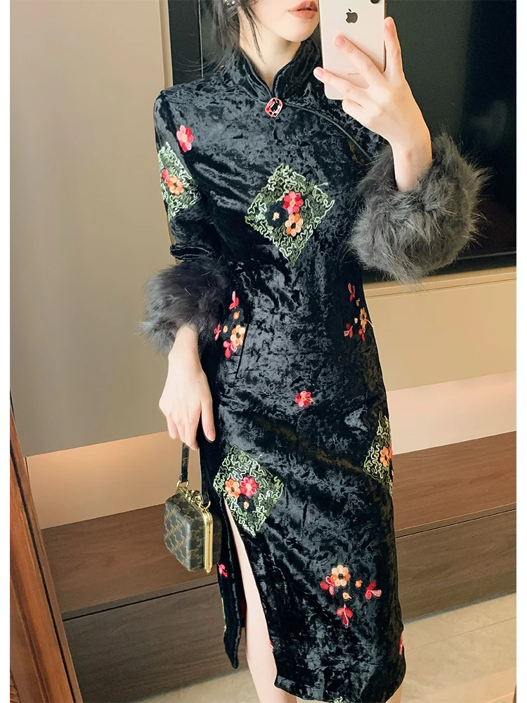 

Retro Chinese Sle New Modified Qipao Dr Women's Autumn Winter Thiened Fce Split High Waist Bodycon Skirt