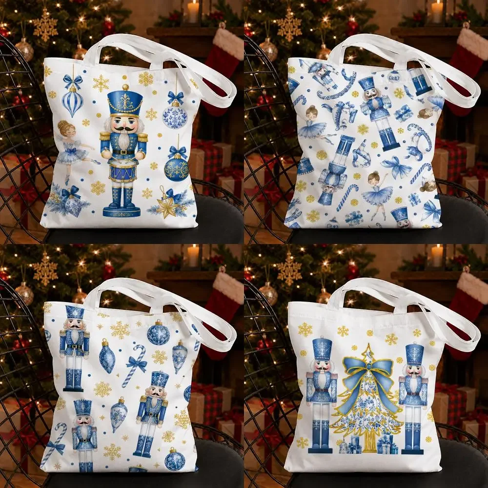 Nutcracker Christmas Snowflake Storage Bags Canvas Tote Bag Double-Sided Print Durable Shoulder Handbag for Festival Party Gift