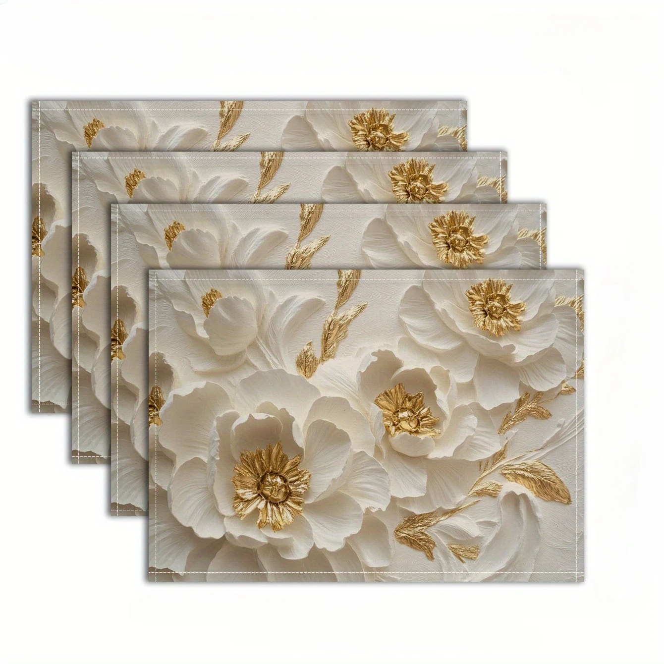 2D Textured White Gold Peony Flower Print Rectangular Placemats  Elegant Luxury Dining Table Decor Table Mats 4/6/8PCS