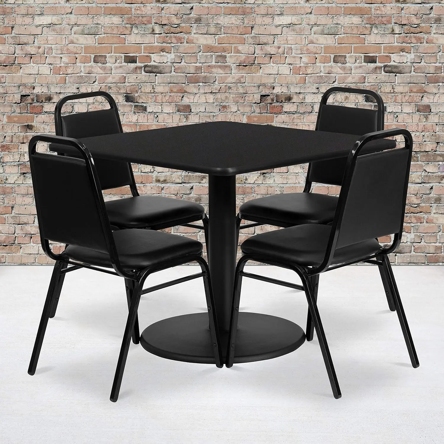 36'' Square Black Laminate Table Set with Round Base and 4 Black Trapezoidal Back Banquet Chairs