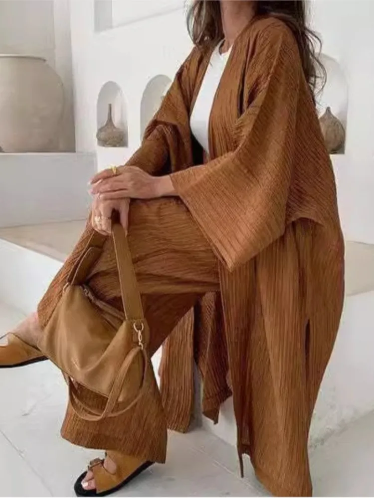 Autumn Solid Pleated Texture Top +Straight Pants Two-Piece Sets Women Loose Long Cardigan 2Piece Set Casual Lady Loose Suits