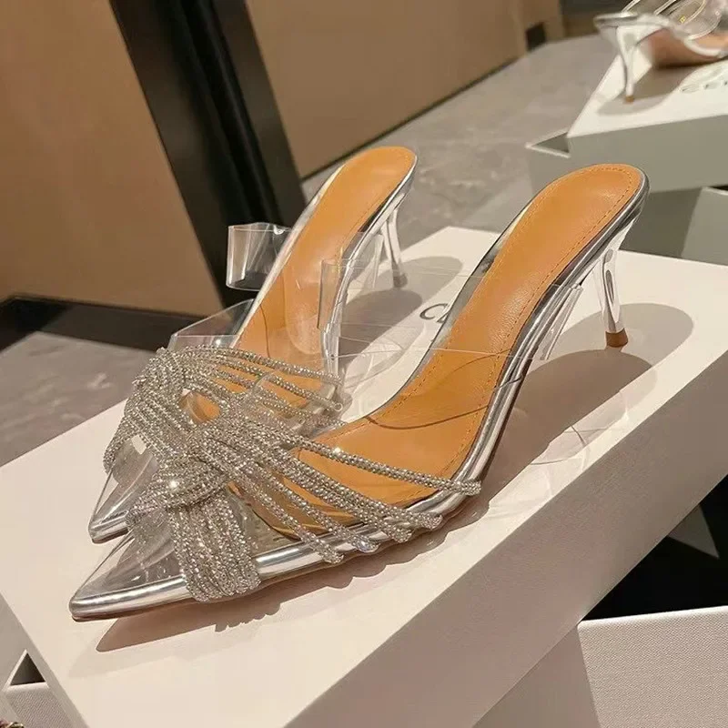 2024 Summer New Transparent Cross Sparkling Diamond-pointed Thin Heels Sexy Wedding Shoes Bao Head High-heeled Sandals