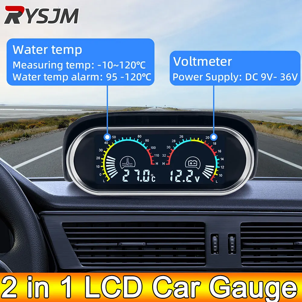 2 in 1 LCD Car Water Temp Gauge + Water Temperature Sensor 10mm Meter Voltmeter Voltage Digital Horizontal 12v 24v Accessories