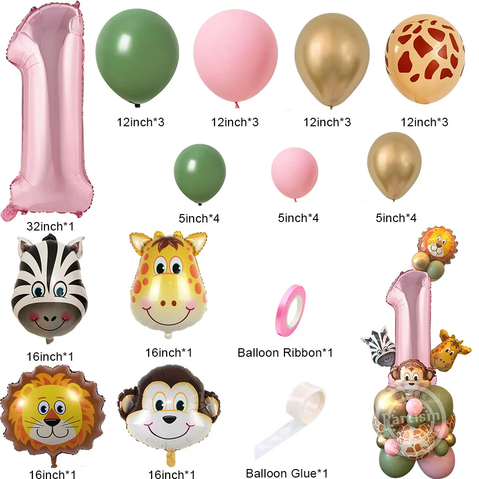 31pcs Wild Animal Pink Balloon Tower with 1-9 Number Balloon for Girl\'s Wild One Themed Birthday Jungle Safari Party Decoration