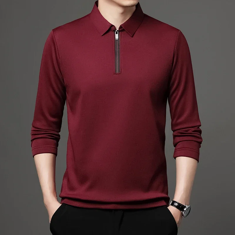 Solid Color Long Sleeve Polo Shirt Fashion Zipper Men\'s Polo Neck Top Cotton Polo Collar Long Sleeve T-shirt