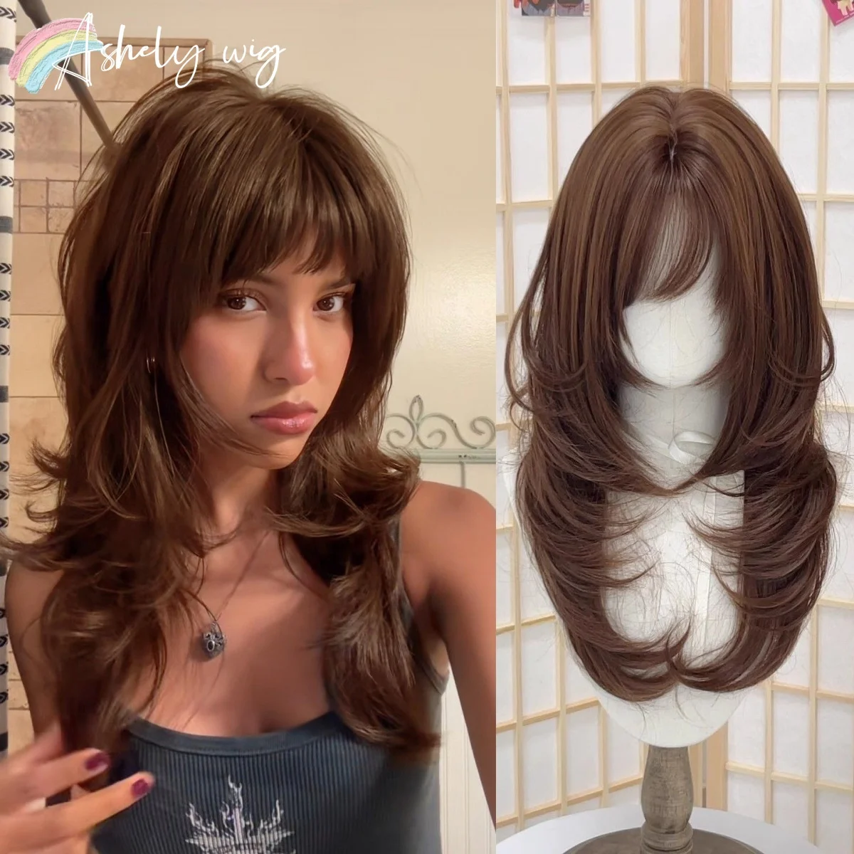 

Ashely Brown Wig for Women 20inch Hair Layers Synthetic Wigs Lolita Headband Wigs with Bangs High Temperature Fibers Парик 가발